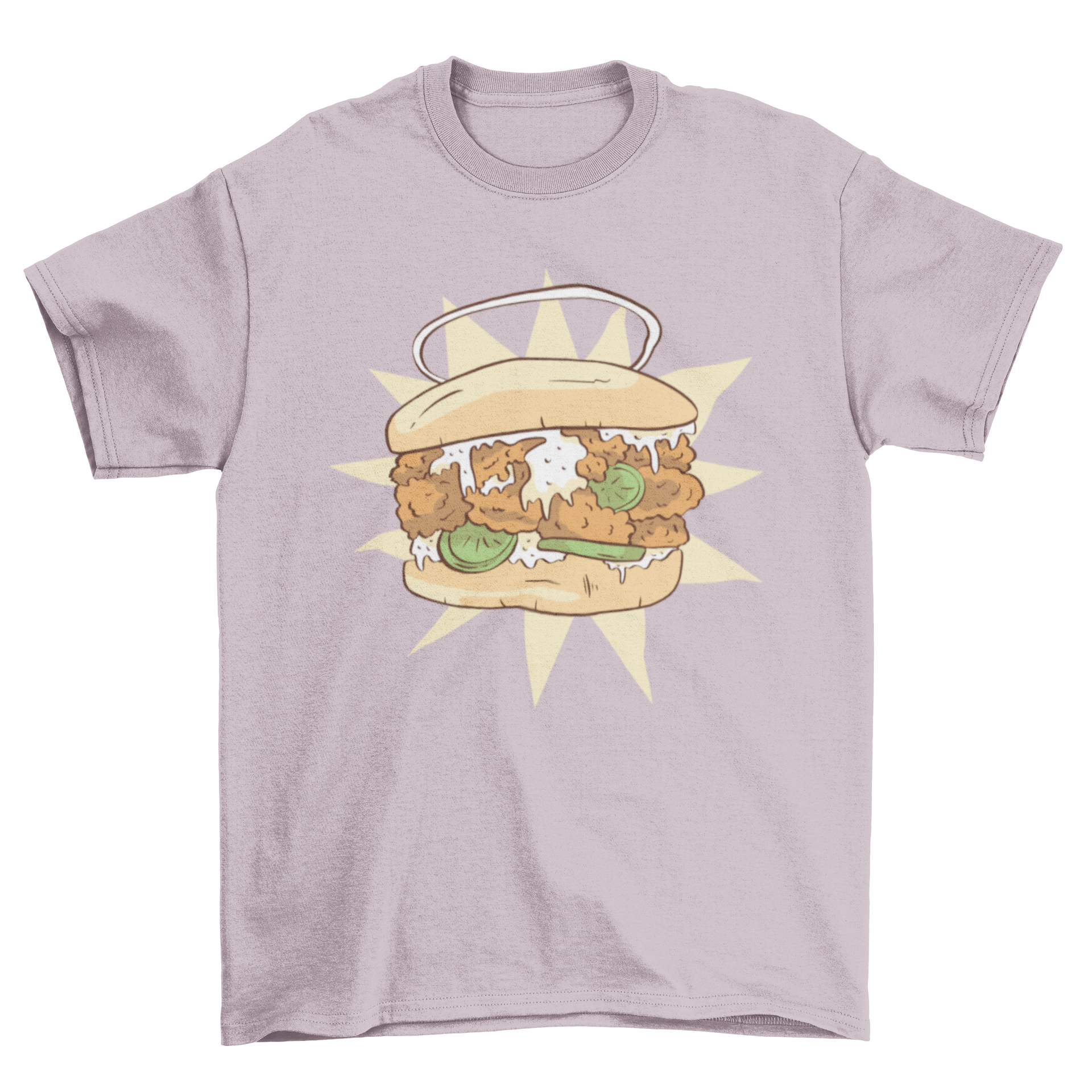 A stylish t-shirt featuring a detailed illustration of a chicken sandwich with a halo, perfect for food lovers.