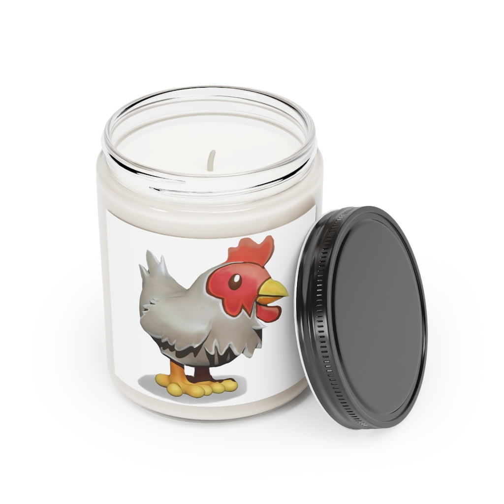 A 9oz Chicken Scented Candle in a glass container, featuring a warm Cinnamon Stick and Vanilla fragrance, hand-poured from vegan soy coconut wax.