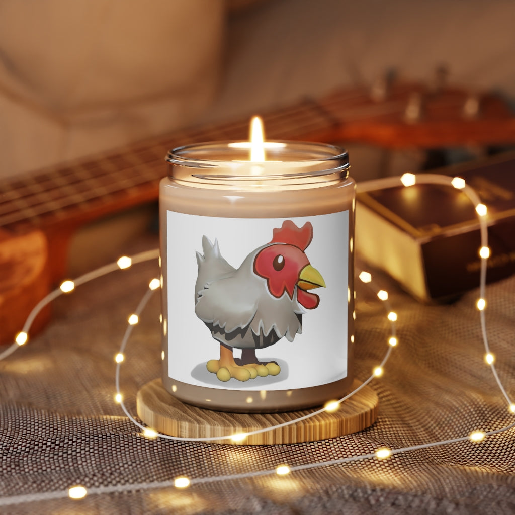 A 9oz Chicken Scented Candle in a glass container, featuring a warm Cinnamon Stick and Vanilla fragrance, hand-poured from vegan soy coconut wax.