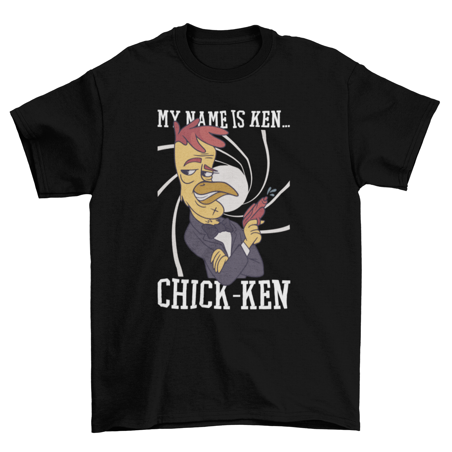 A humorous T-shirt featuring a chicken spy with the quote MY NAME IS KEN... CHICK-KEN, designed for casual wear.