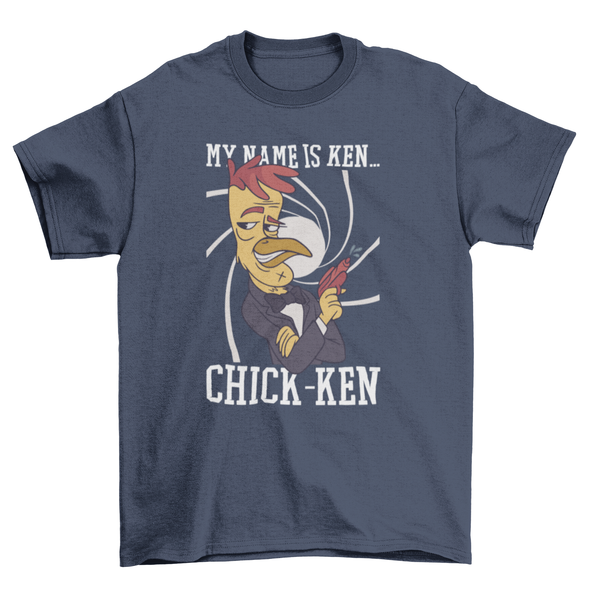 A humorous T-shirt featuring a chicken spy with the quote MY NAME IS KEN... CHICK-KEN, designed for casual wear.