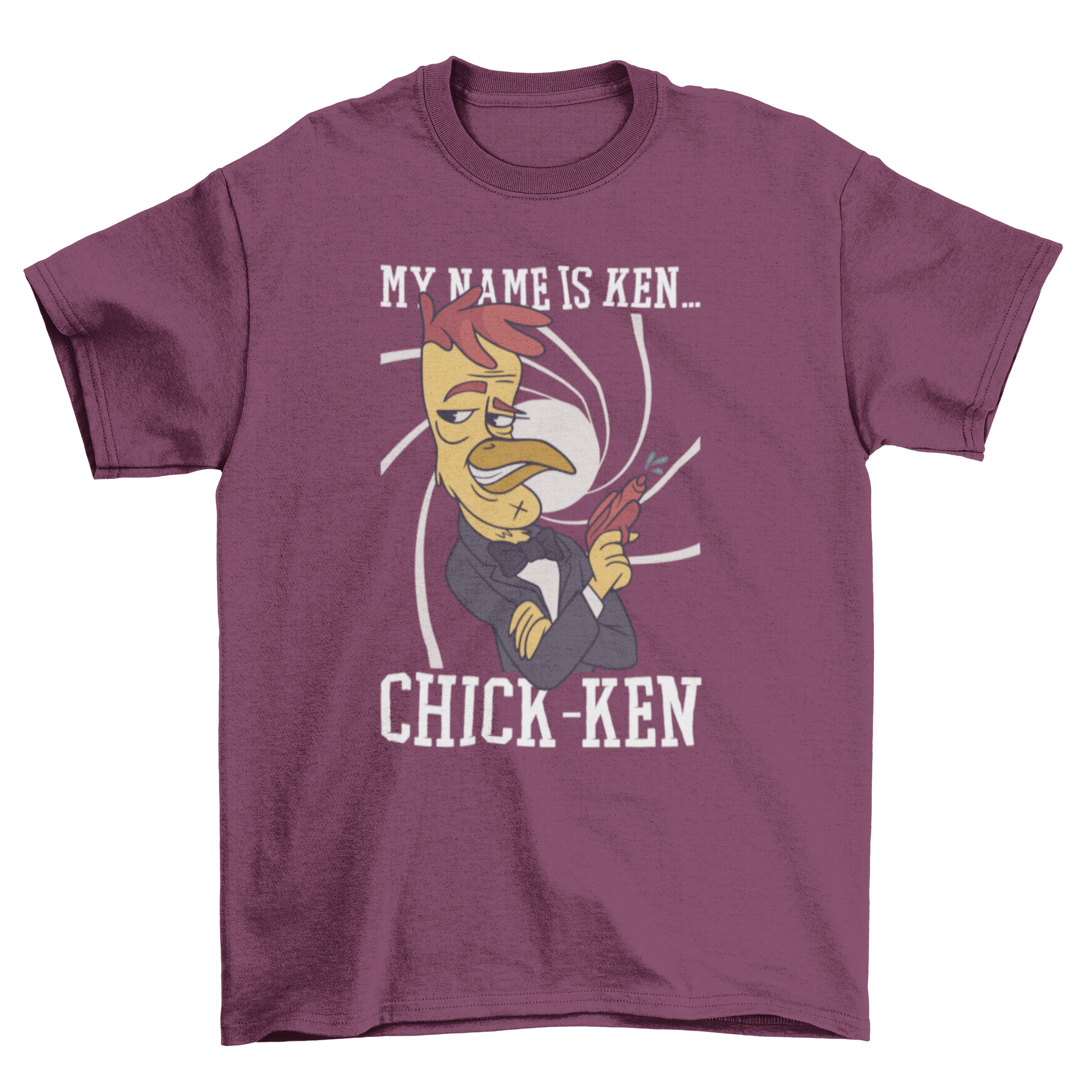 A humorous T-shirt featuring a chicken spy with the quote MY NAME IS KEN... CHICK-KEN, designed for casual wear.