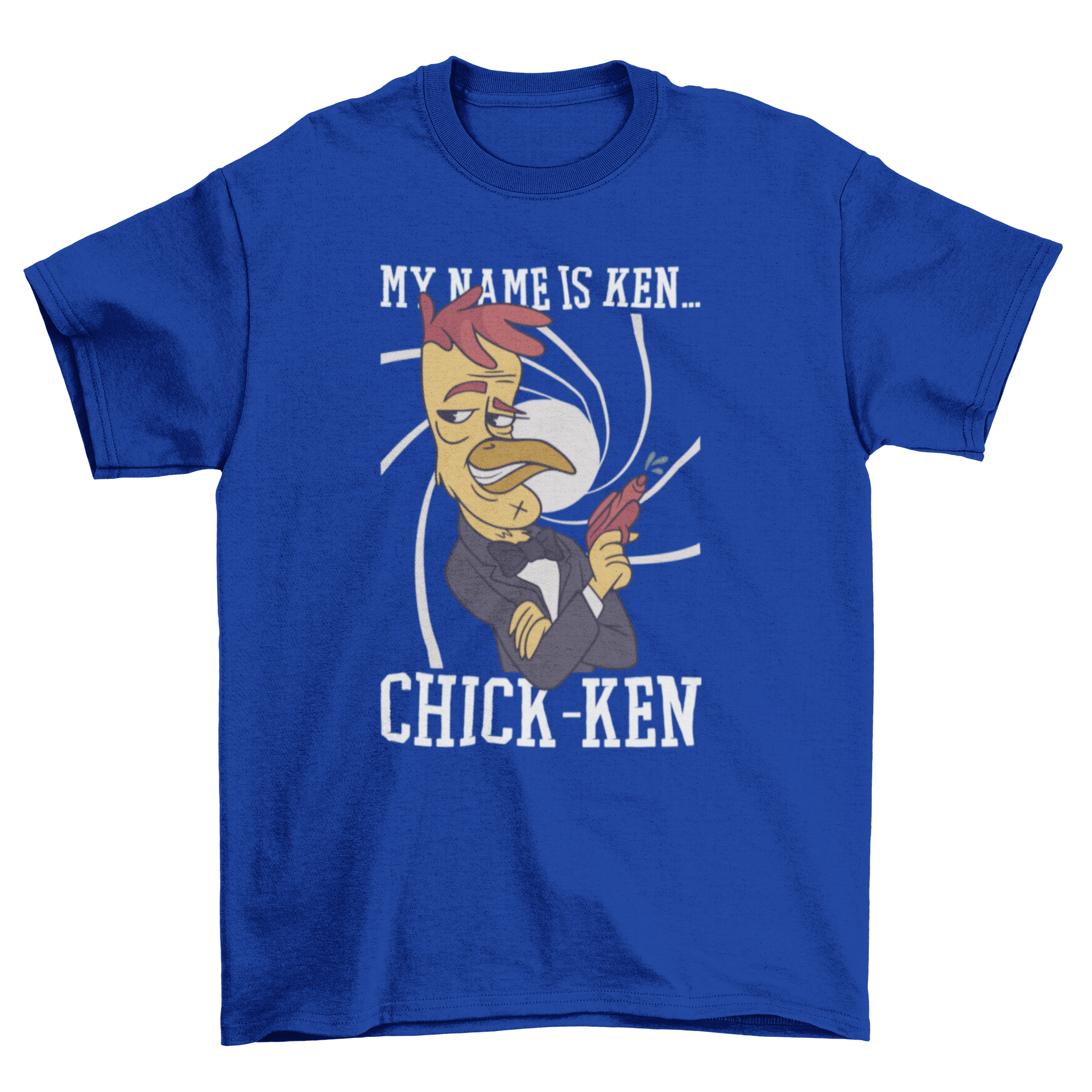 A humorous T-shirt featuring a chicken spy with the quote MY NAME IS KEN... CHICK-KEN, designed for casual wear.