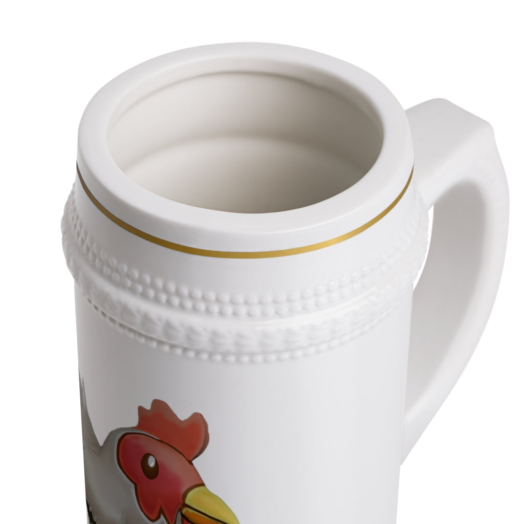 A stylish Chicken Stein Mug made of durable white ceramic with ribbed outlines, perfect for custom designs.