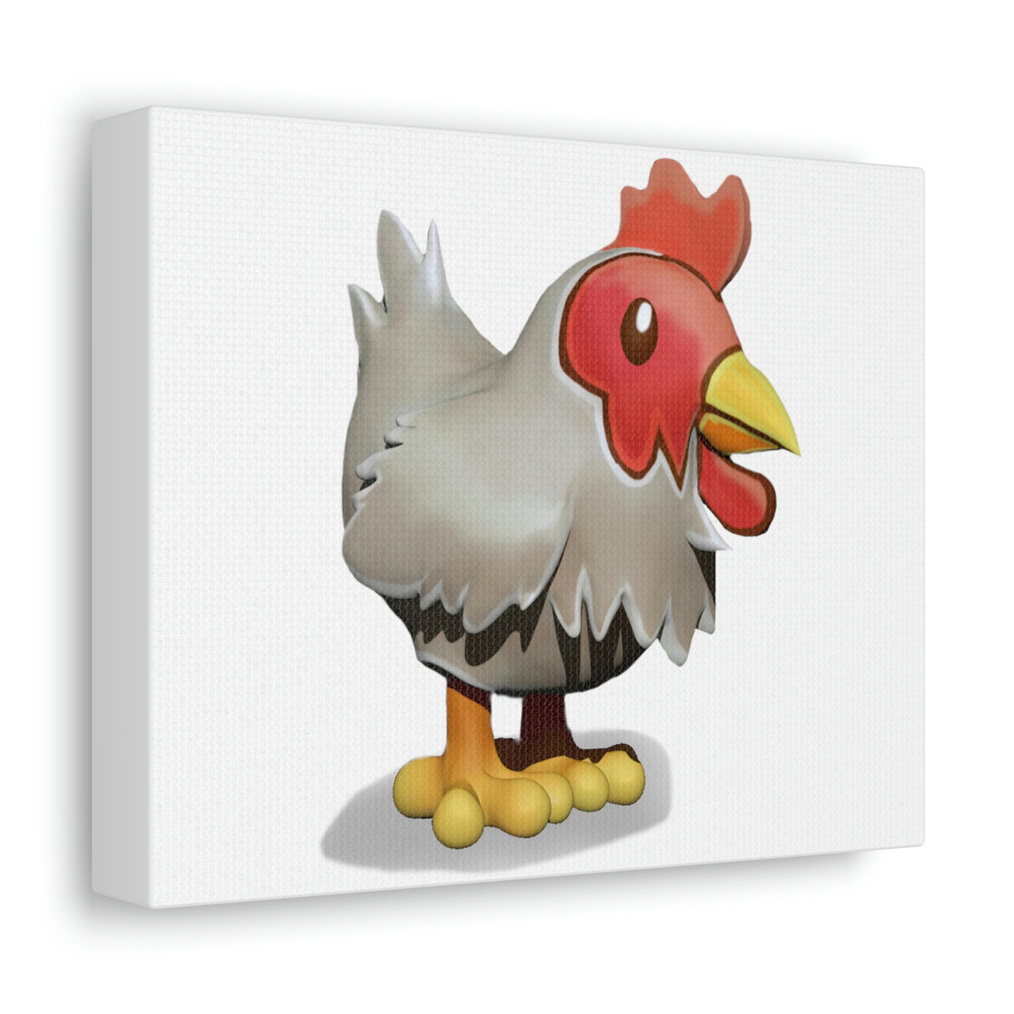 A beautifully printed Chicken Stretched Canvas art piece, showcasing vibrant colors and intricate details, mounted on a sturdy wooden frame.