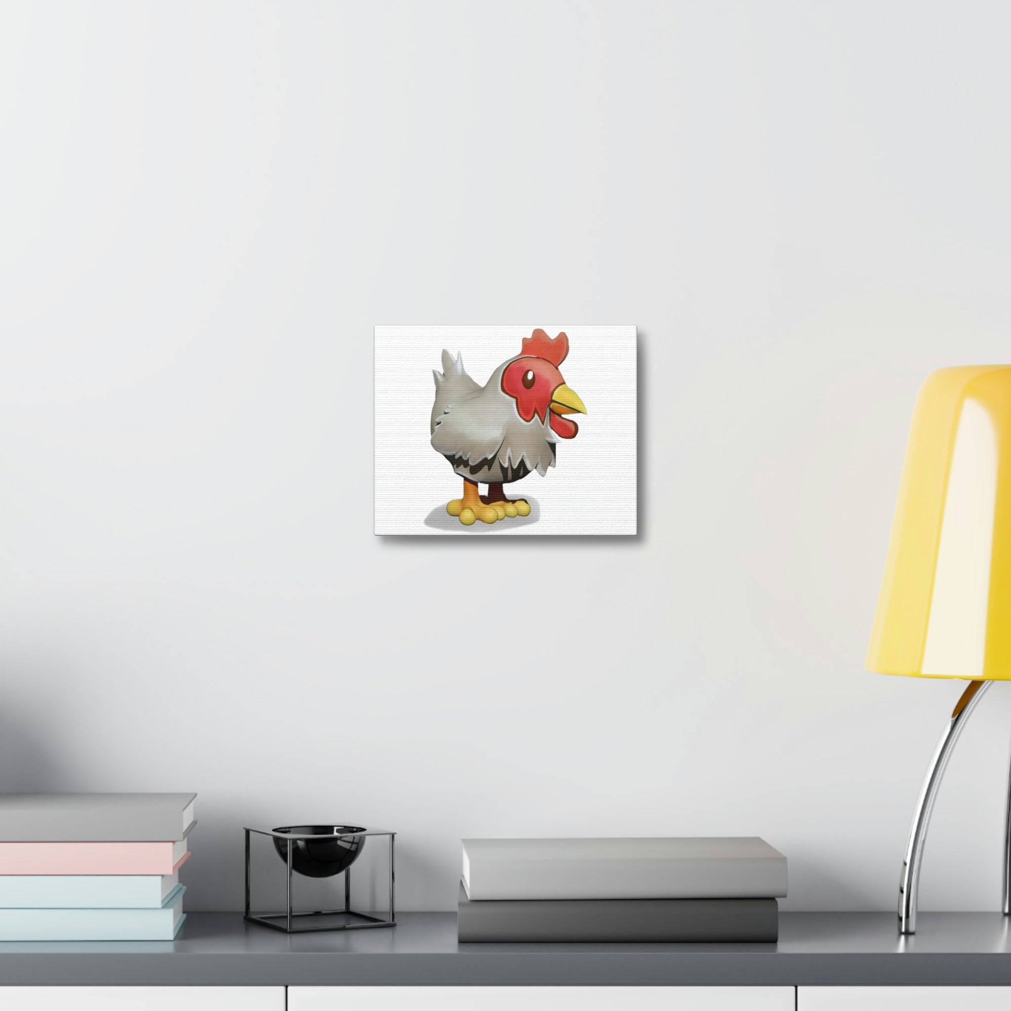 A beautifully printed Chicken Stretched Canvas art piece, showcasing vibrant colors and intricate details, mounted on a sturdy wooden frame.