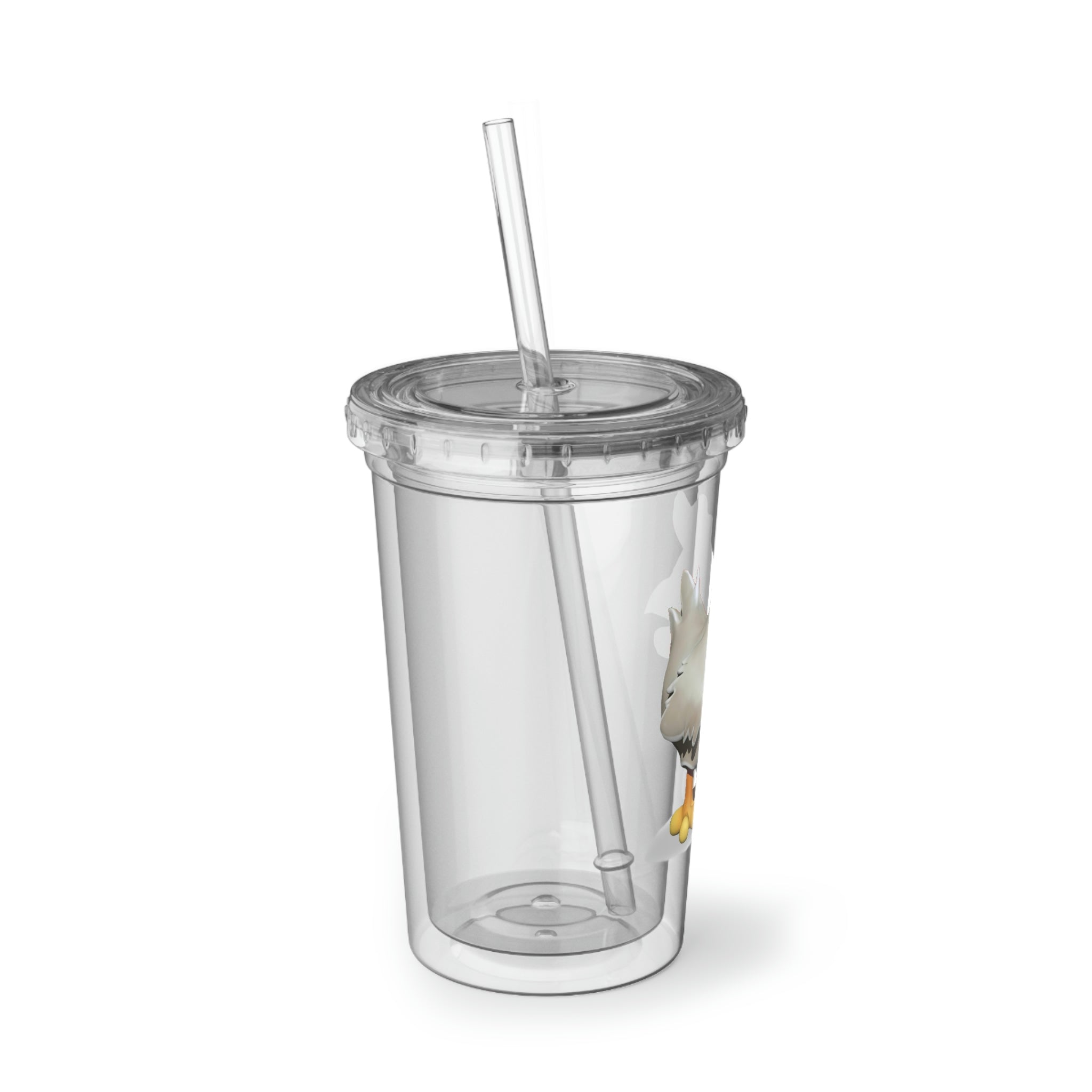 Chicken Suave Acrylic Cup with double-wall insulation, featuring a plastic lid and straw, designed for hot and cold beverages.