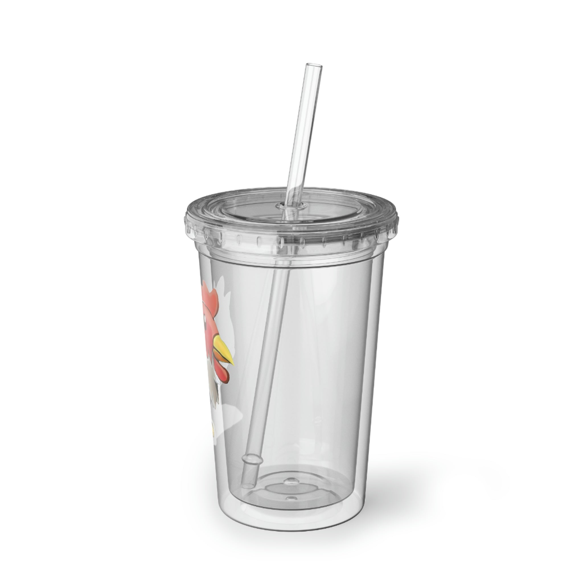 Chicken Suave Acrylic Cup with double-wall insulation, featuring a plastic lid and straw, designed for hot and cold beverages.