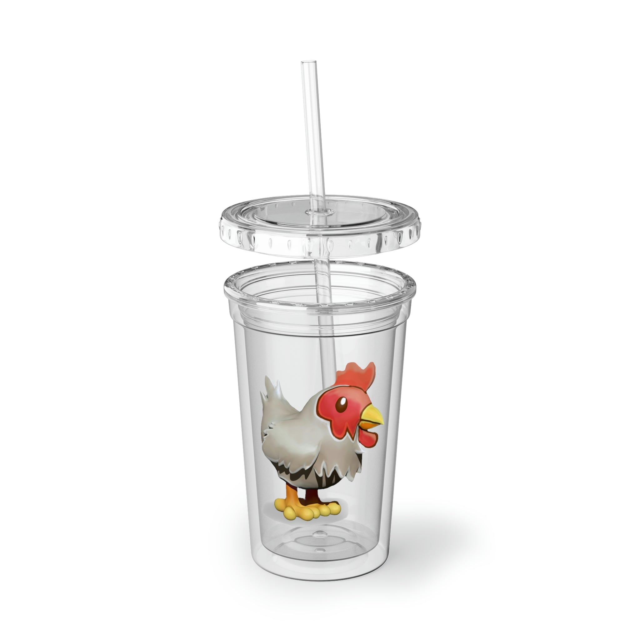 Chicken Suave Acrylic Cup with double-wall insulation, featuring a plastic lid and straw, designed for hot and cold beverages.