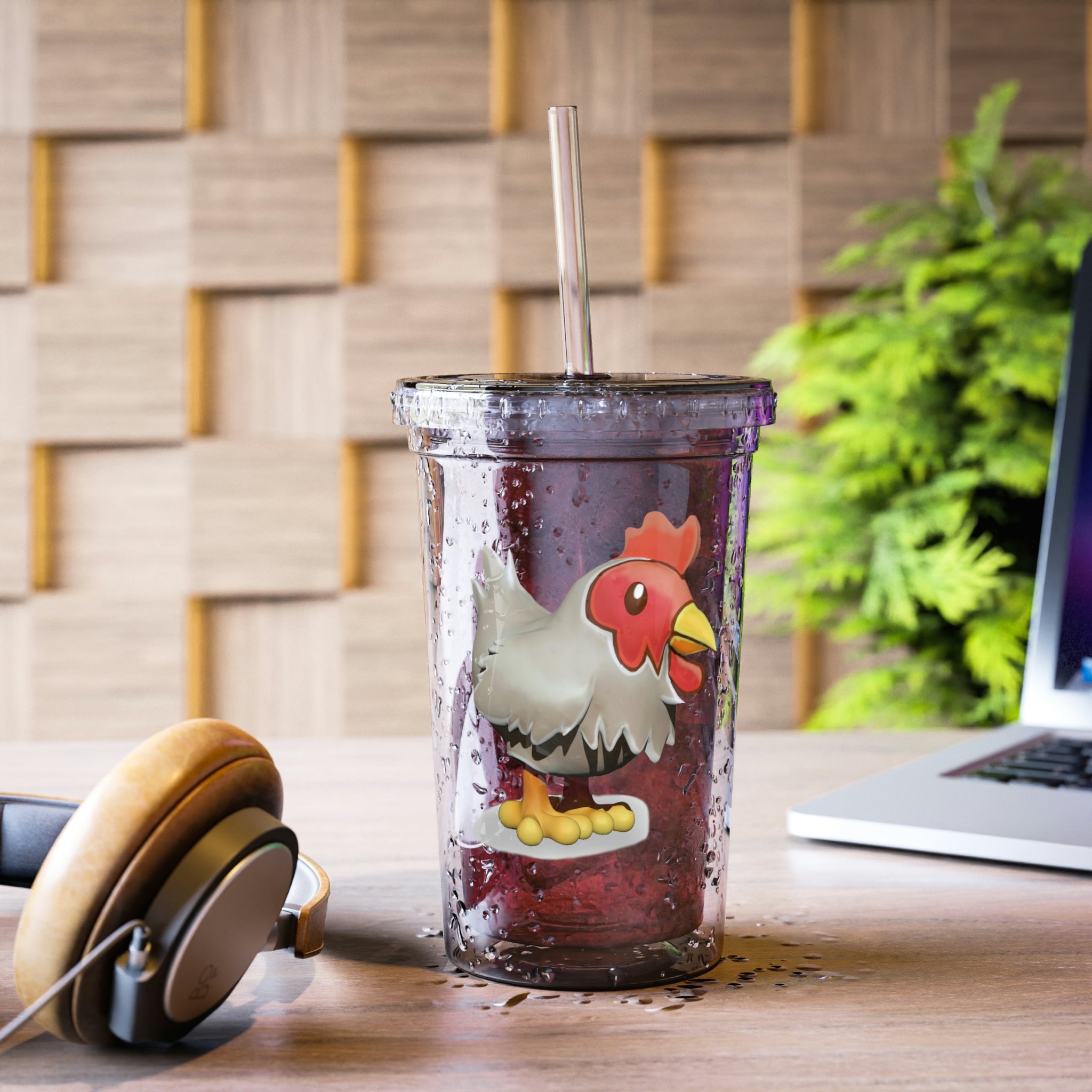 Chicken Suave Acrylic Cup with double-wall insulation, featuring a plastic lid and straw, designed for hot and cold beverages.