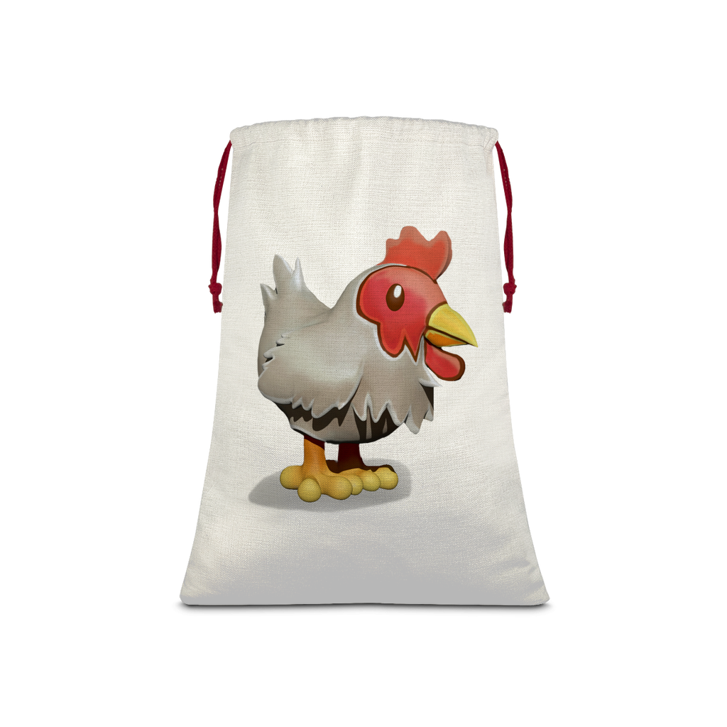 Chicken Sublimation Linen Drawstring Sack with red drawstring, featuring a linen effect design, perfect for Christmas gifts and laundry.