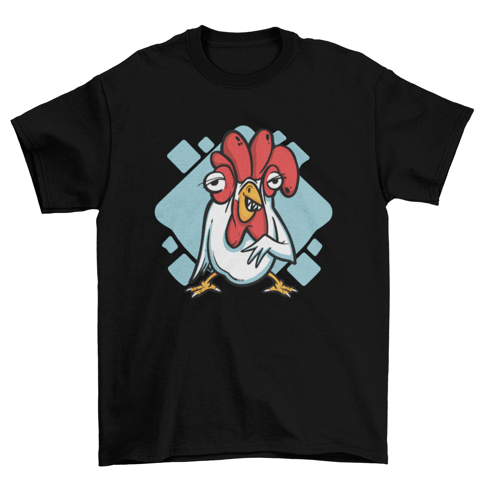 A quirky t-shirt featuring a colorful illustration of a chicken with teeth, showcasing a fun and humorous design.