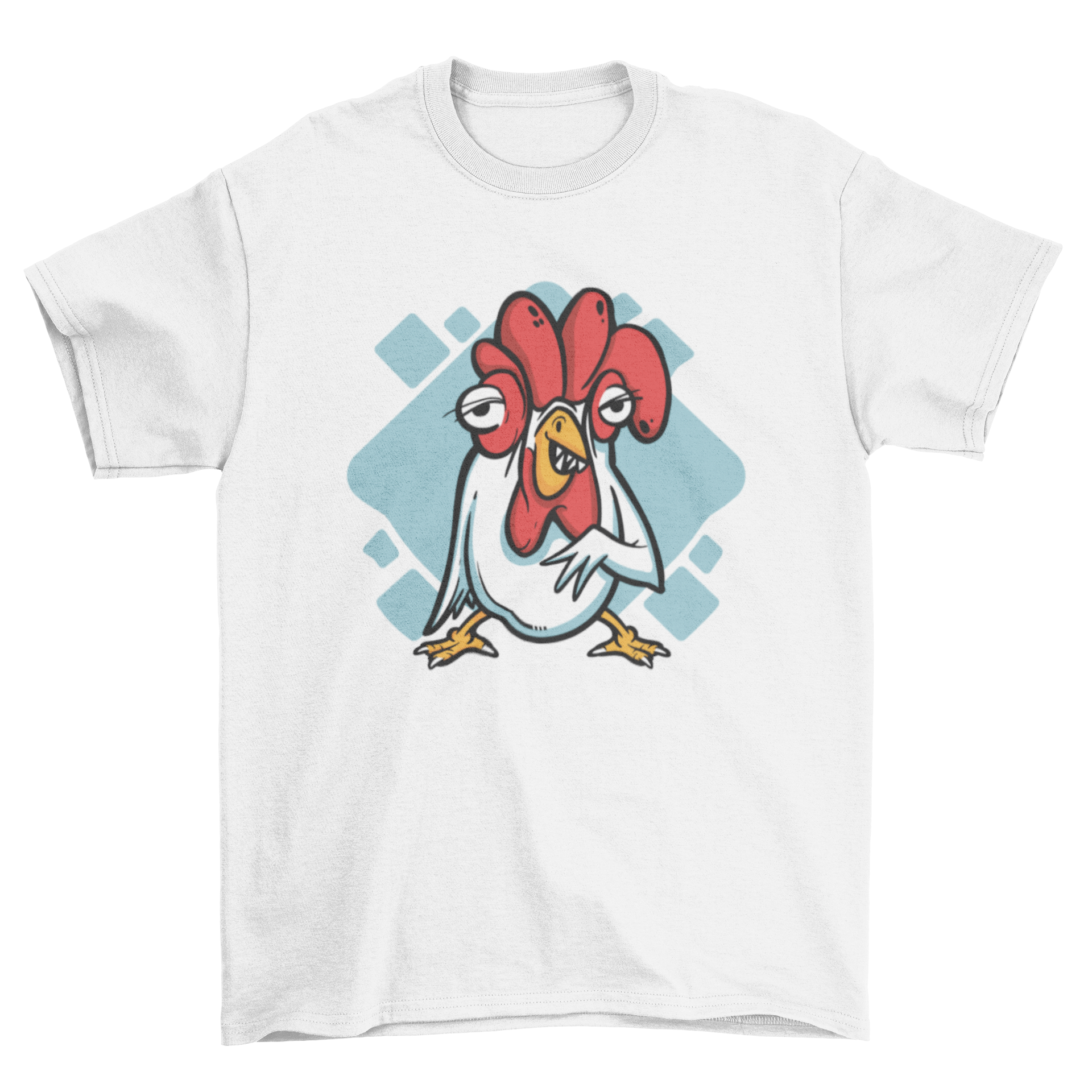 A quirky t-shirt featuring a colorful illustration of a chicken with teeth, showcasing a fun and humorous design.