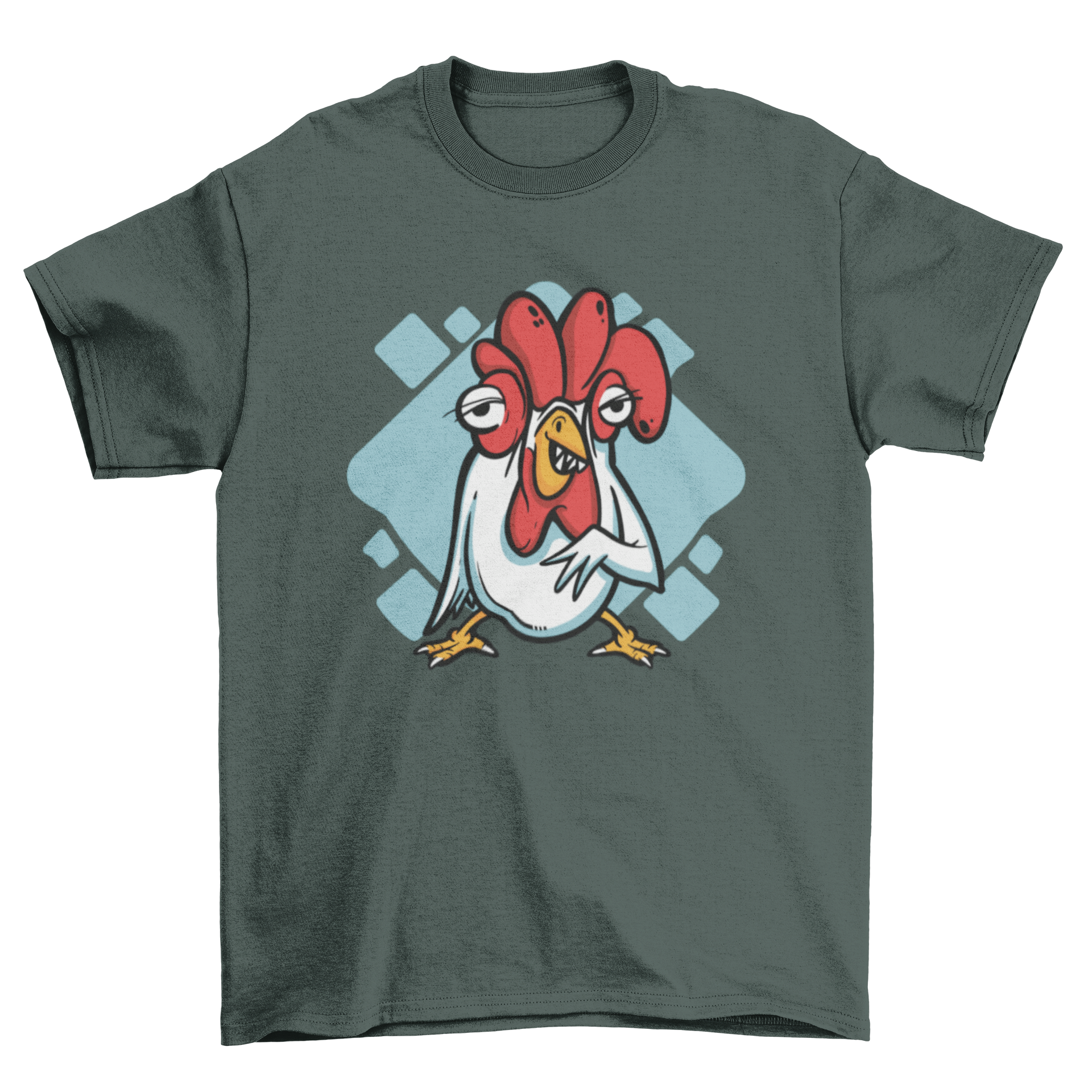 A quirky t-shirt featuring a colorful illustration of a chicken with teeth, showcasing a fun and humorous design.