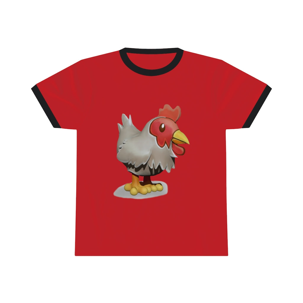 A stylish Chicken Unisex Ringer Tee featuring a contrasting neckline, available in various colors, perfect for summer wear.