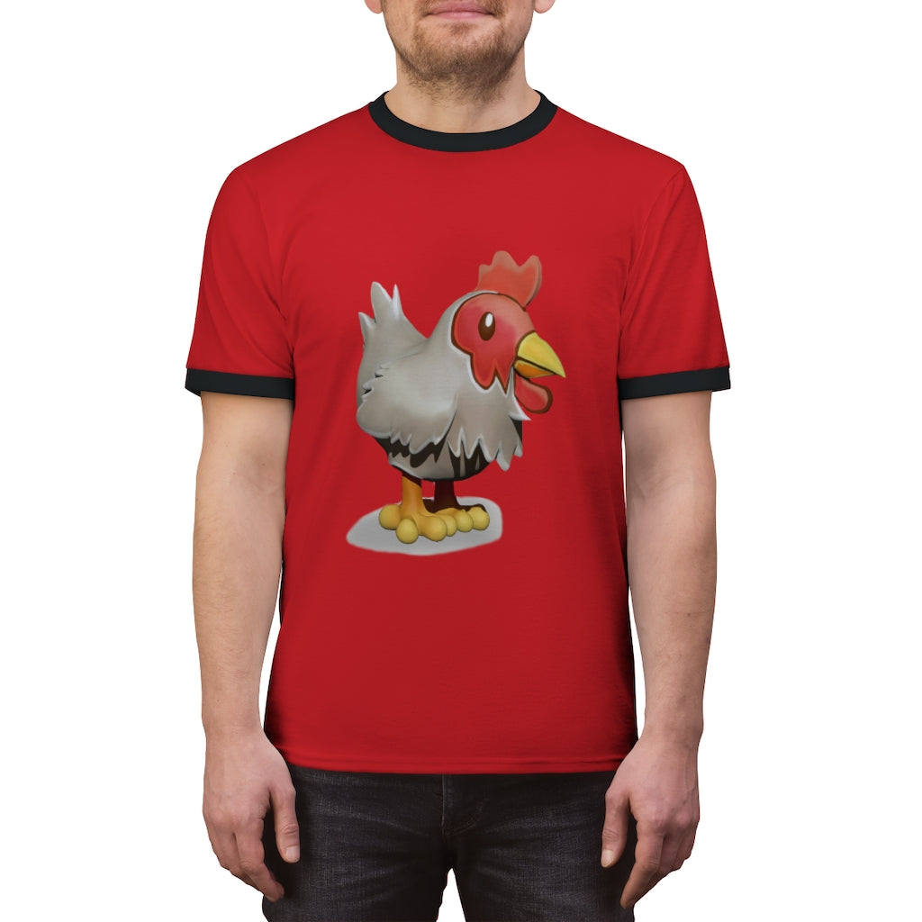 A stylish Chicken Unisex Ringer Tee featuring a contrasting neckline, available in various colors, perfect for summer wear.