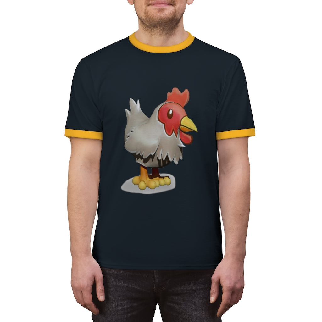 A stylish Chicken Unisex Ringer Tee featuring a contrasting neckline, available in various colors, perfect for summer wear.