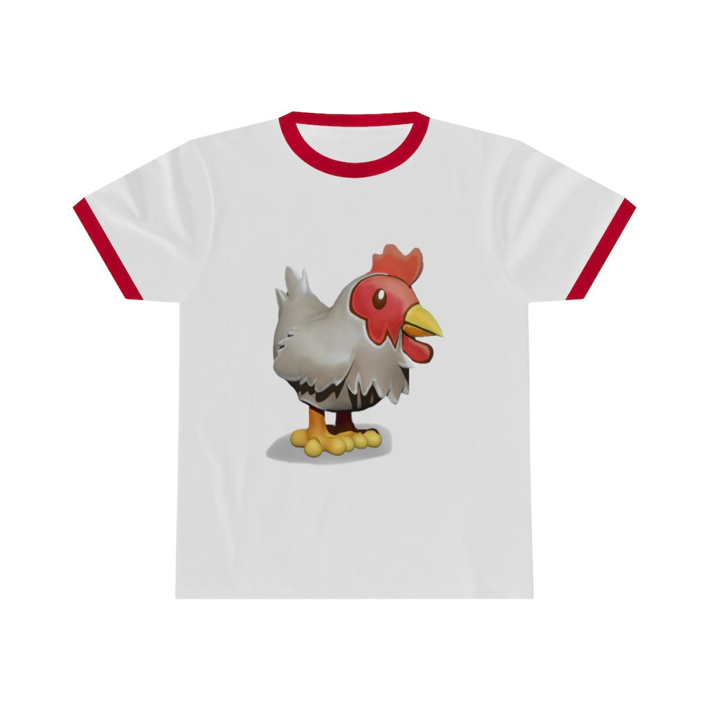 A stylish Chicken Unisex Ringer Tee featuring a contrasting neckline, available in various colors, perfect for summer wear.