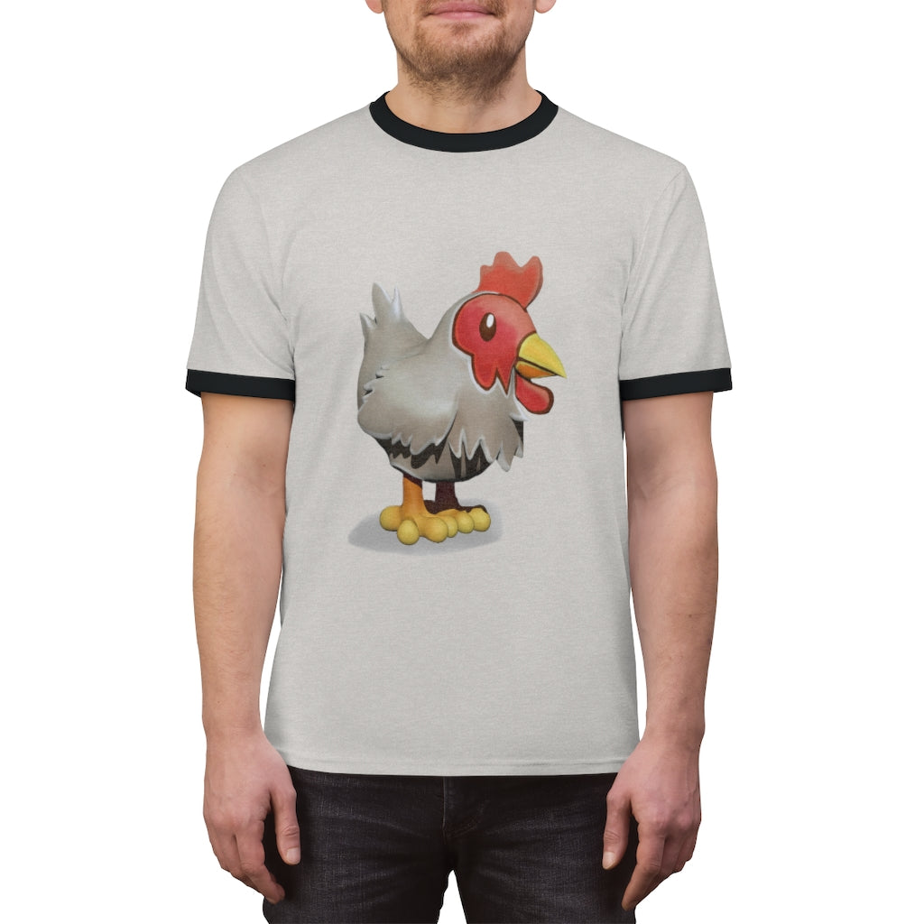 A stylish Chicken Unisex Ringer Tee featuring a contrasting neckline, available in various colors, perfect for summer wear.