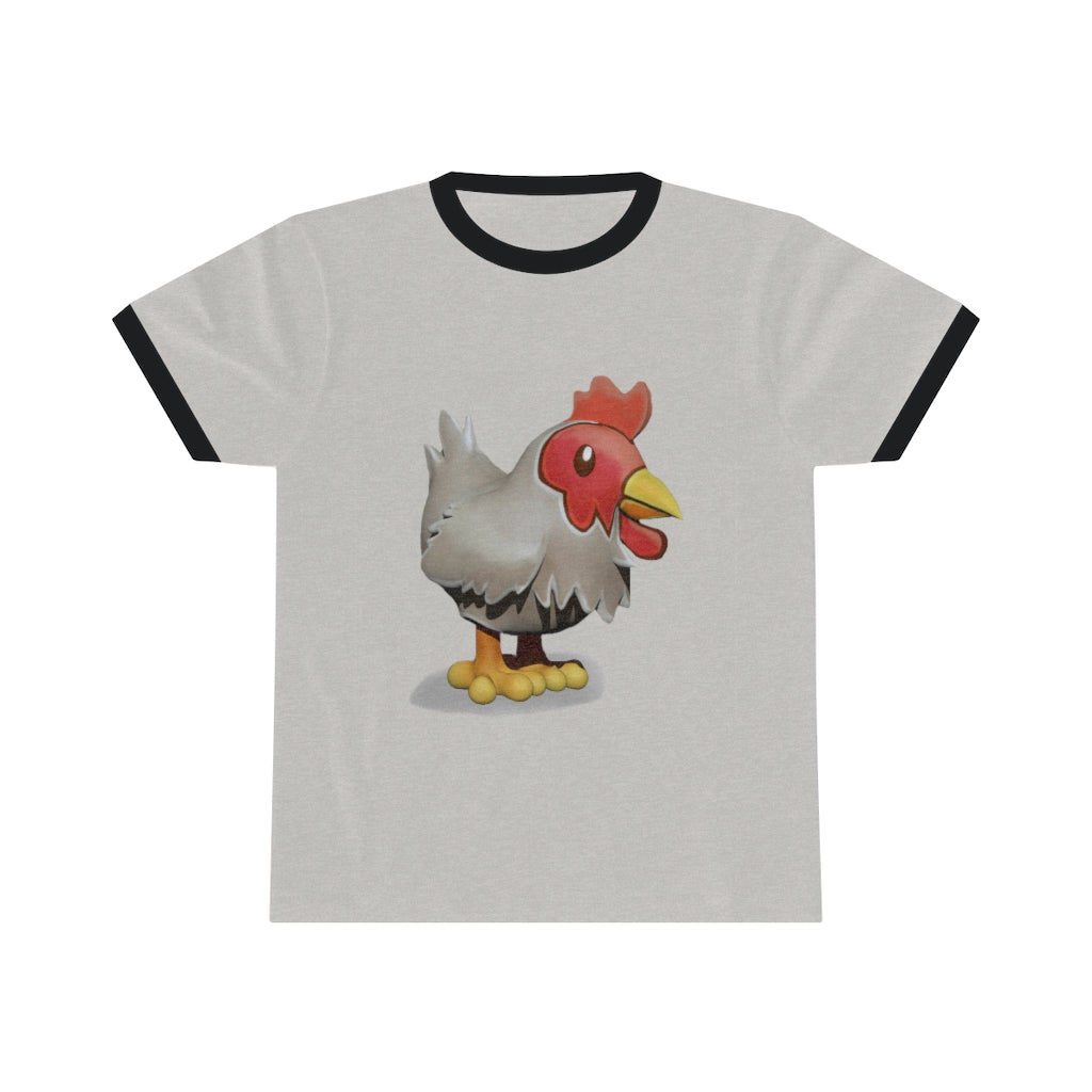 A stylish Chicken Unisex Ringer Tee featuring a contrasting neckline, available in various colors, perfect for summer wear.