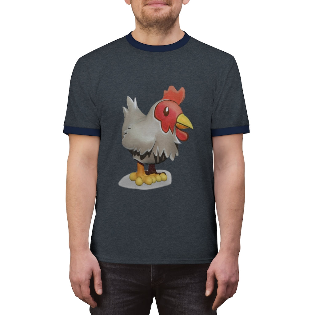 A stylish Chicken Unisex Ringer Tee featuring a contrasting neckline, available in various colors, perfect for summer wear.