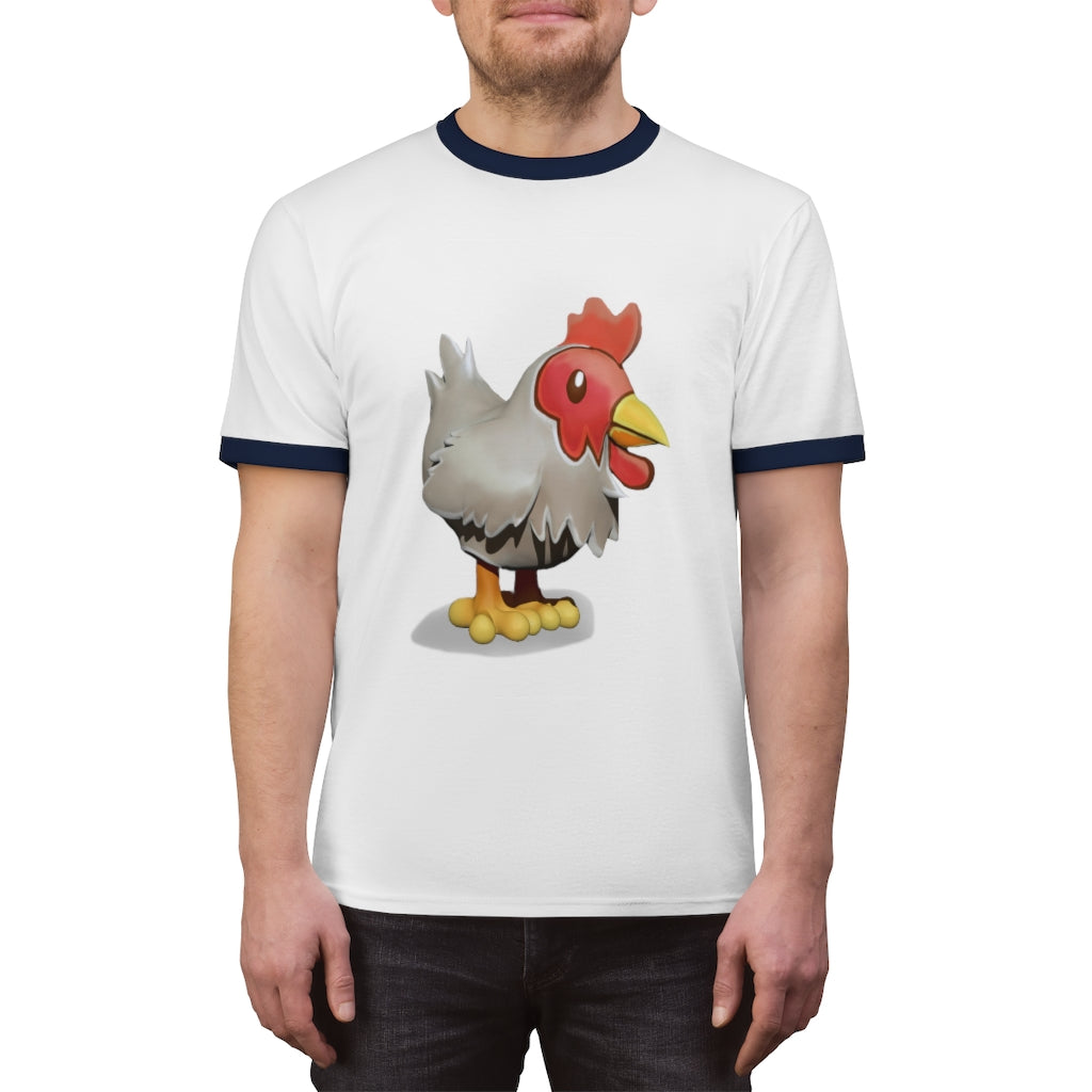 A stylish Chicken Unisex Ringer Tee featuring a contrasting neckline, available in various colors, perfect for summer wear.