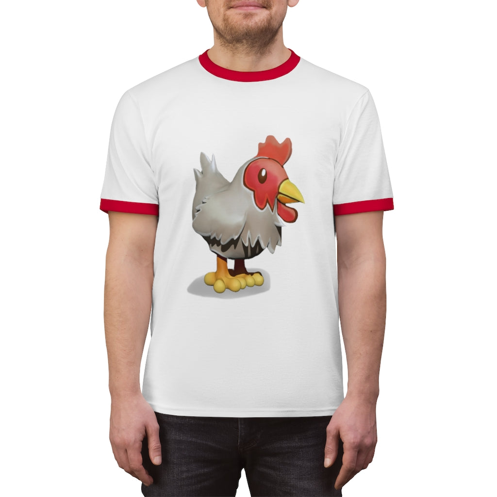 A stylish Chicken Unisex Ringer Tee featuring a contrasting neckline, available in various colors, perfect for summer wear.