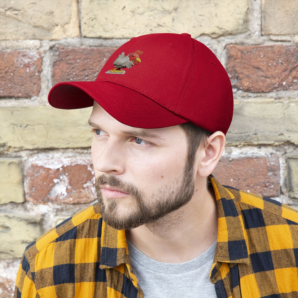 Chicken Unisex Twill Hat in classic design, made from 100% cotton twill, featuring adjustable Velcro closure.