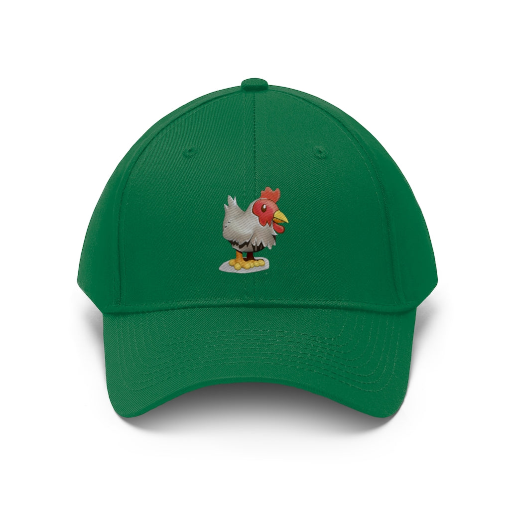 Chicken Unisex Twill Hat in classic design, made from 100% cotton twill, featuring adjustable Velcro closure.