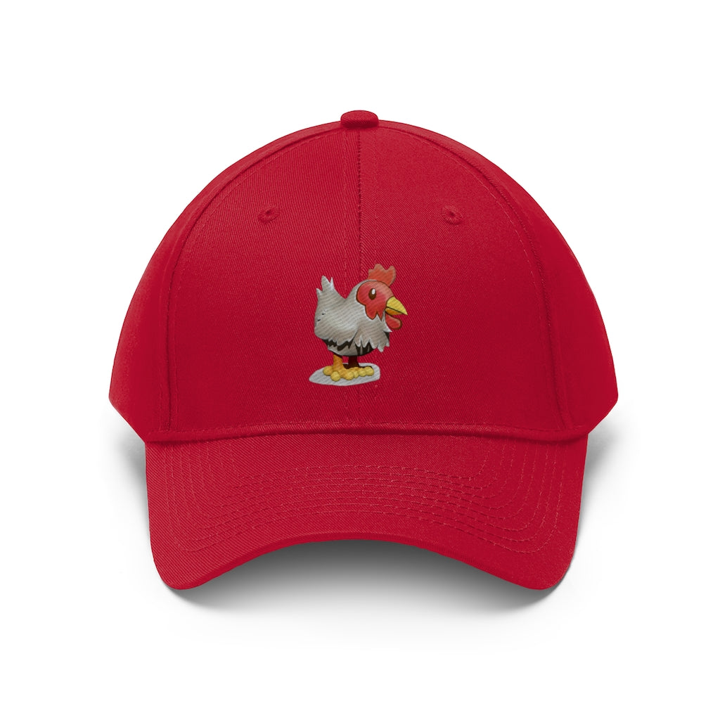 Chicken Unisex Twill Hat in classic design, made from 100% cotton twill, featuring adjustable Velcro closure.