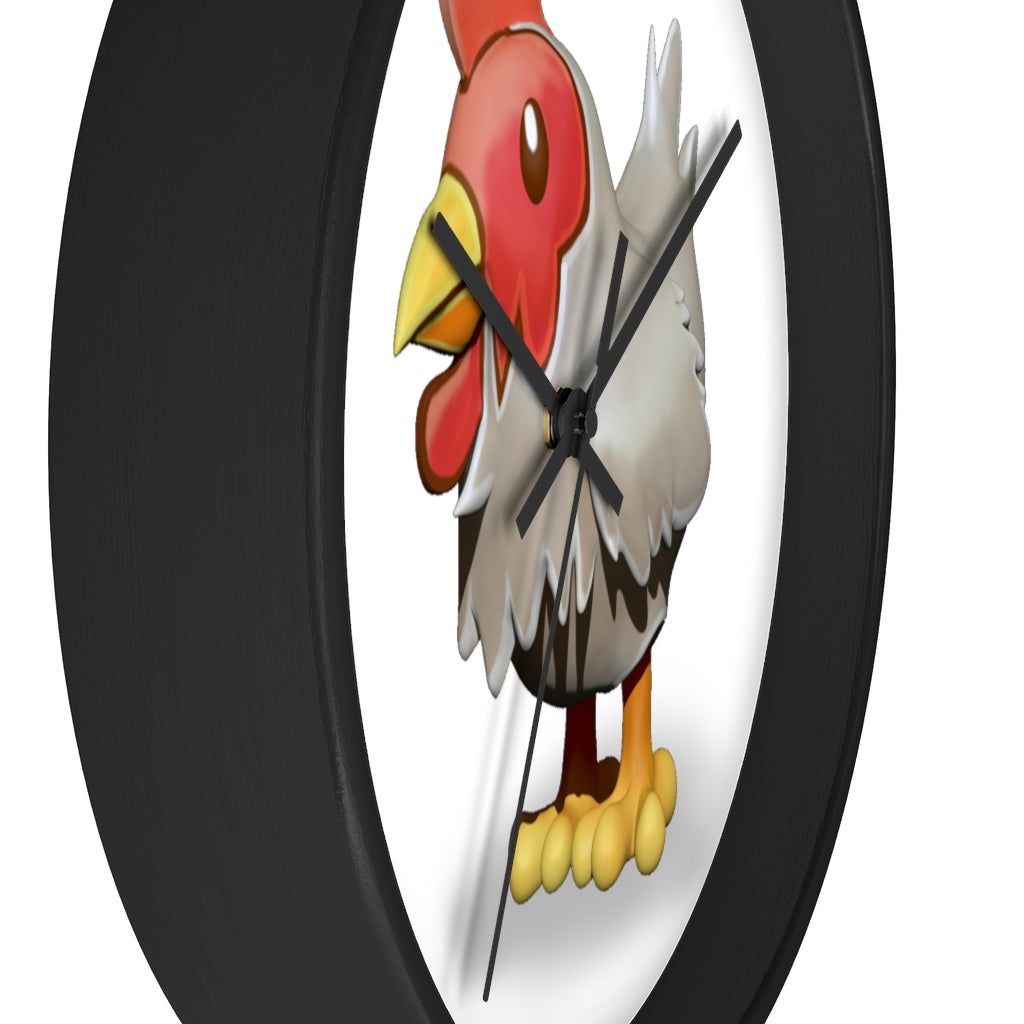 A charming Chicken Wall Clock featuring a wooden frame and a colorful chicken design on the clock face, perfect for indoor decor.