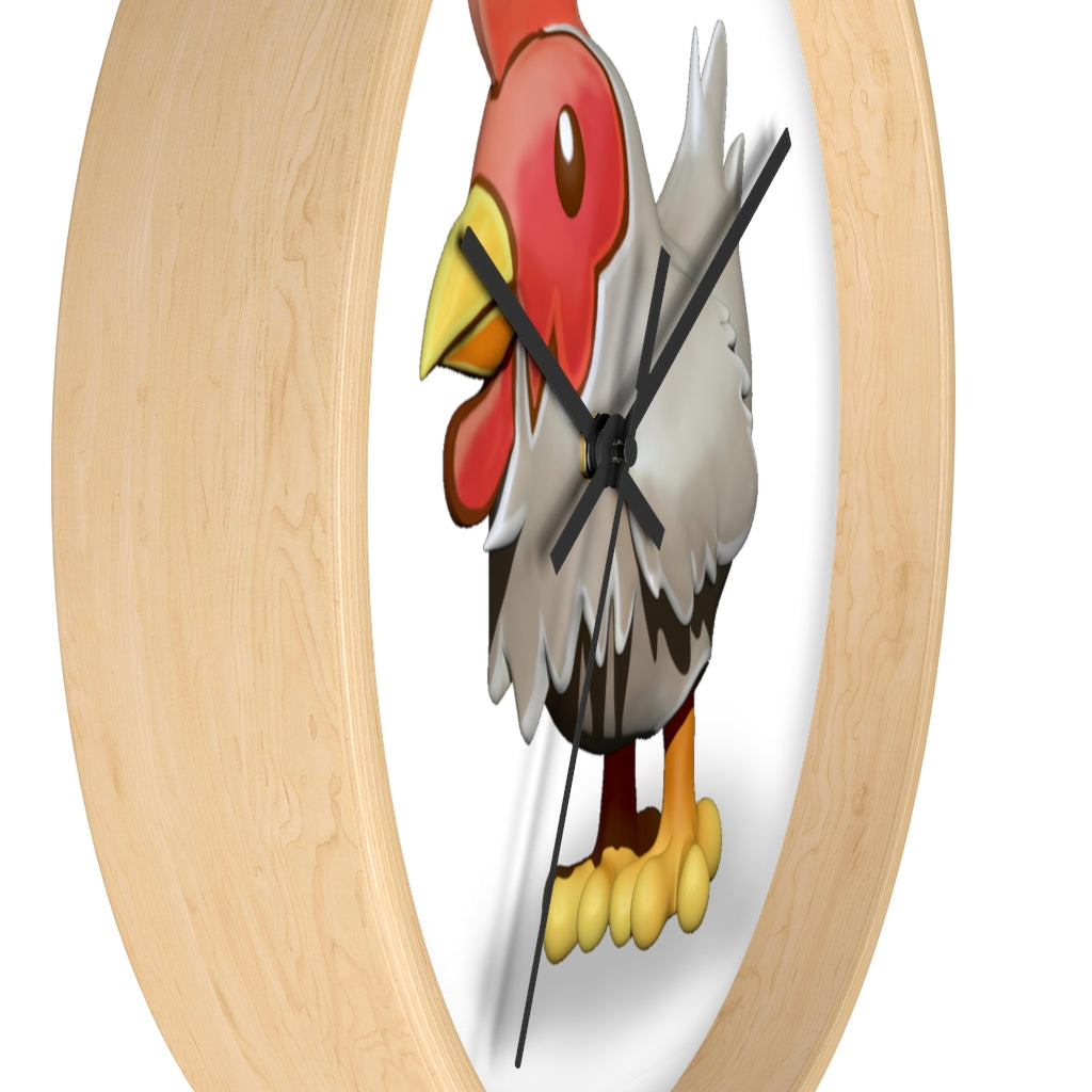 A charming Chicken Wall Clock featuring a wooden frame and a colorful chicken design on the clock face, perfect for indoor decor.