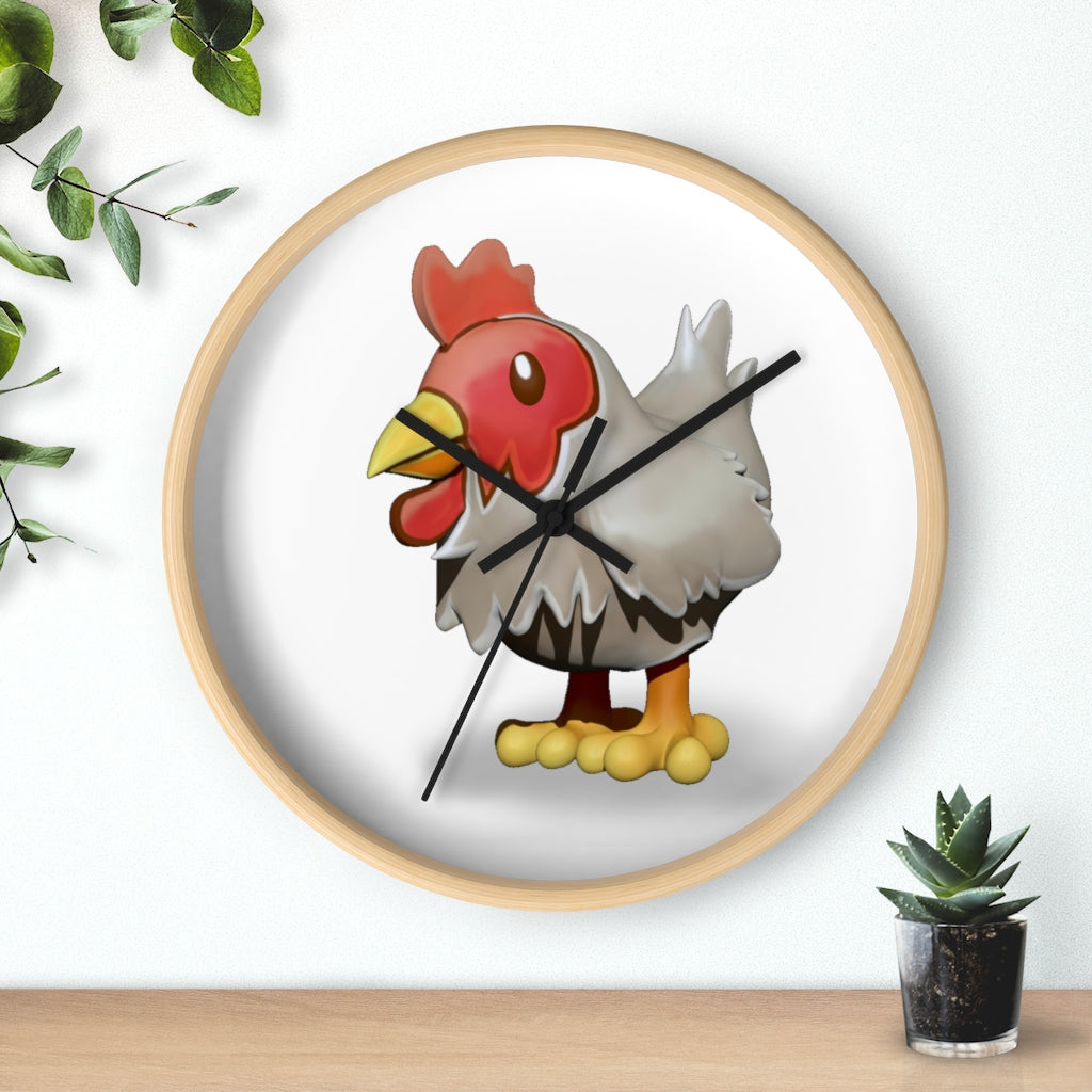 A charming Chicken Wall Clock featuring a wooden frame and a colorful chicken design on the clock face, perfect for indoor decor.