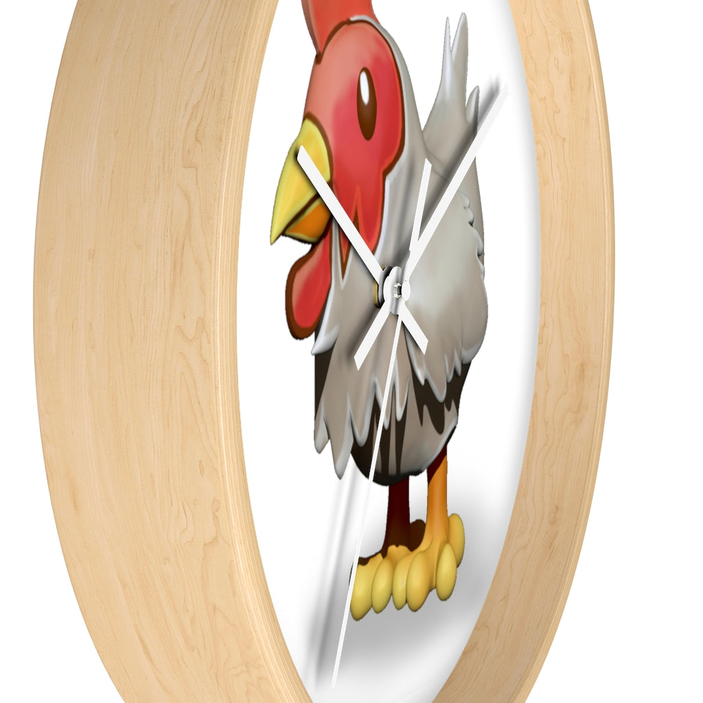 A charming Chicken Wall Clock featuring a wooden frame and a colorful chicken design on the clock face, perfect for indoor decor.