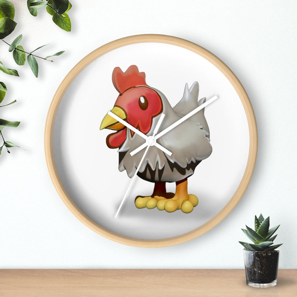 A charming Chicken Wall Clock featuring a wooden frame and a colorful chicken design on the clock face, perfect for indoor decor.