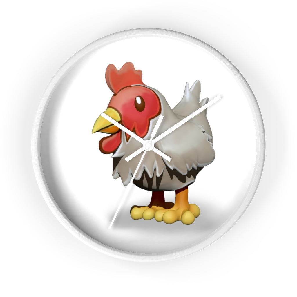 A charming Chicken Wall Clock featuring a wooden frame and a colorful chicken design on the clock face, perfect for indoor decor.