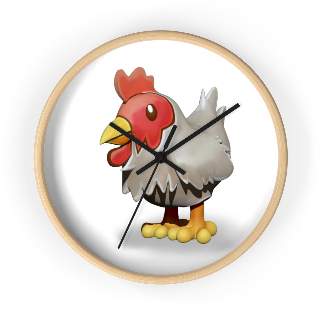 A charming Chicken Wall Clock featuring a wooden frame and a colorful chicken design on the clock face, perfect for indoor decor.