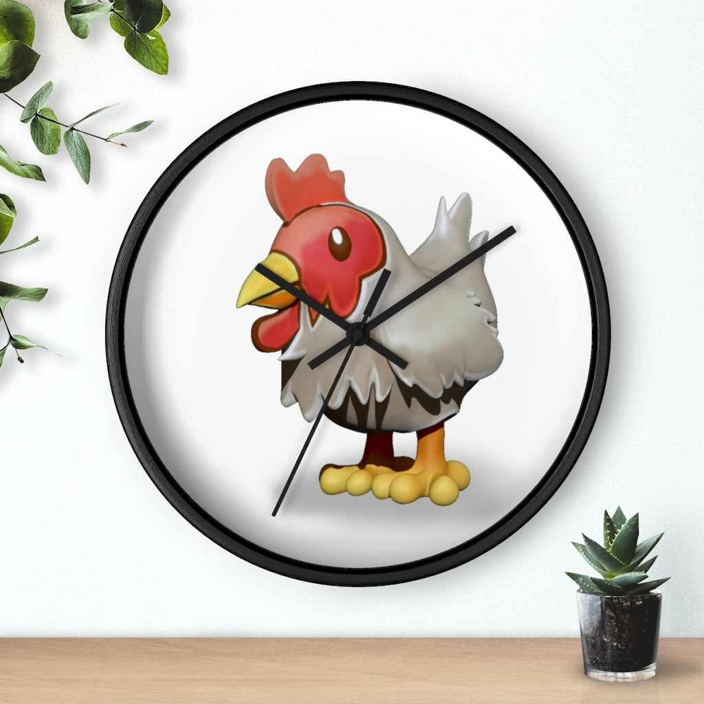 A charming Chicken Wall Clock featuring a wooden frame and a colorful chicken design on the clock face, perfect for indoor decor.