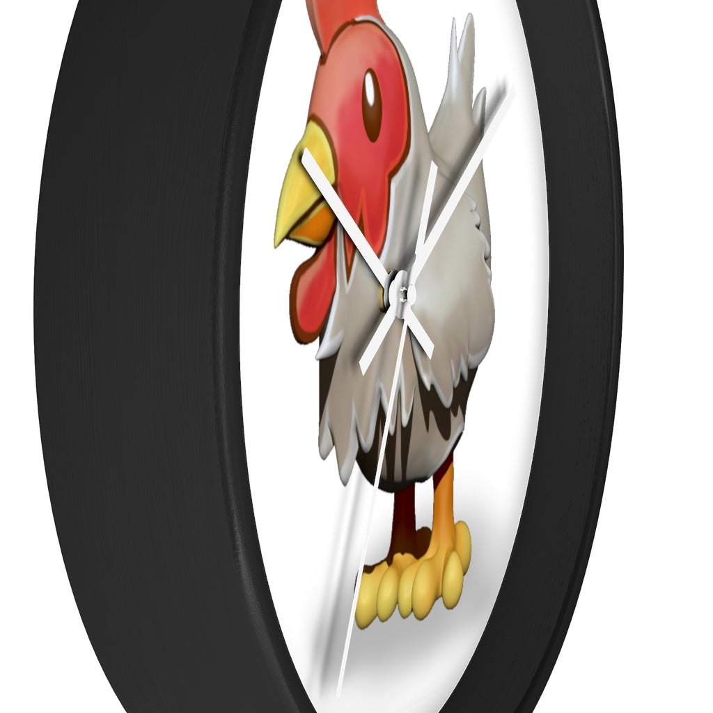 A charming Chicken Wall Clock featuring a wooden frame and a colorful chicken design on the clock face, perfect for indoor decor.