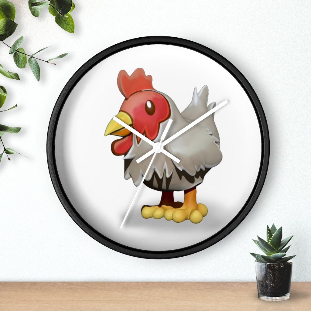 A charming Chicken Wall Clock featuring a wooden frame and a colorful chicken design on the clock face, perfect for indoor decor.