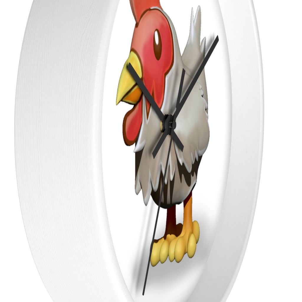 A charming Chicken Wall Clock featuring a wooden frame and a colorful chicken design on the clock face, perfect for indoor decor.