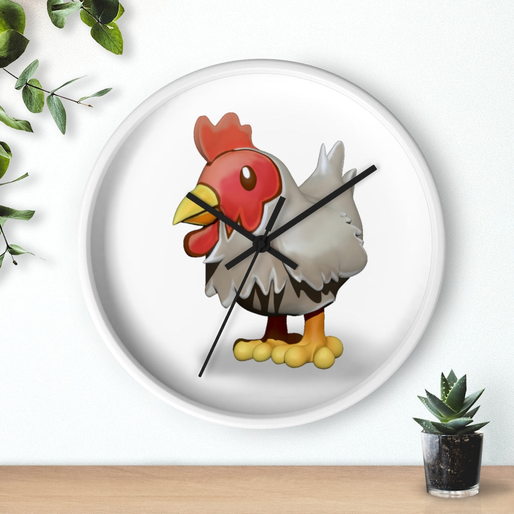 A charming Chicken Wall Clock featuring a wooden frame and a colorful chicken design on the clock face, perfect for indoor decor.