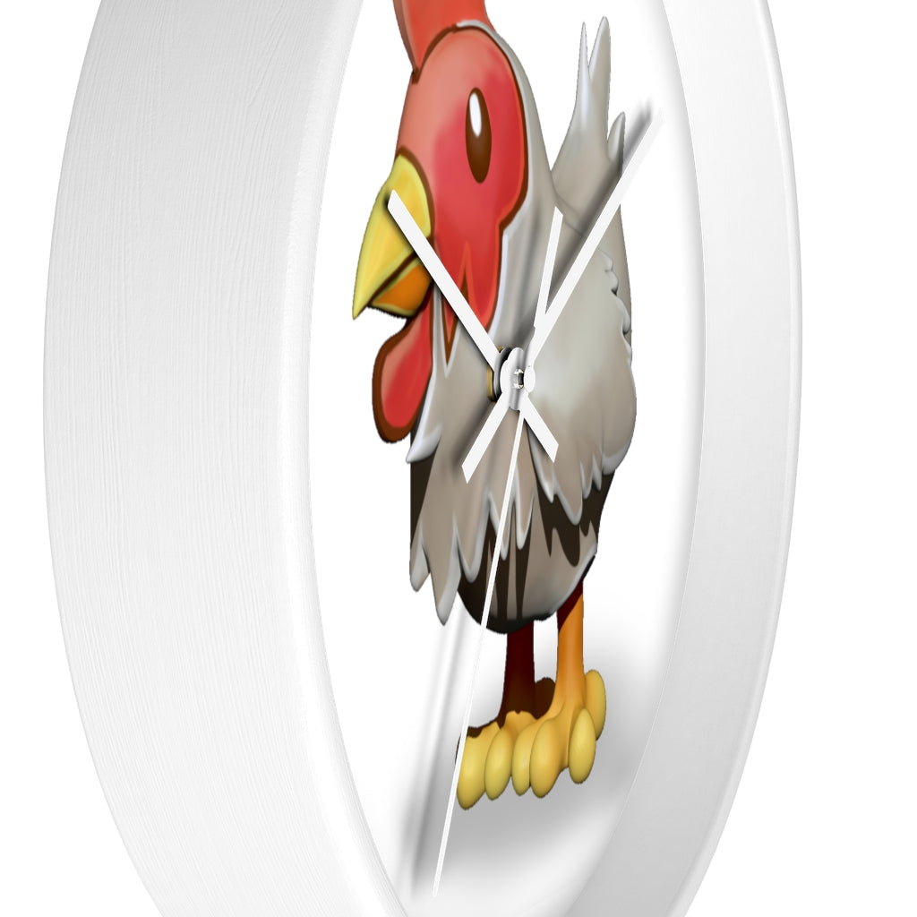 A charming Chicken Wall Clock featuring a wooden frame and a colorful chicken design on the clock face, perfect for indoor decor.