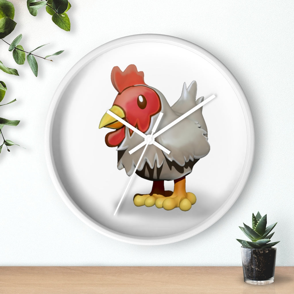 A charming Chicken Wall Clock featuring a wooden frame and a colorful chicken design on the clock face, perfect for indoor decor.