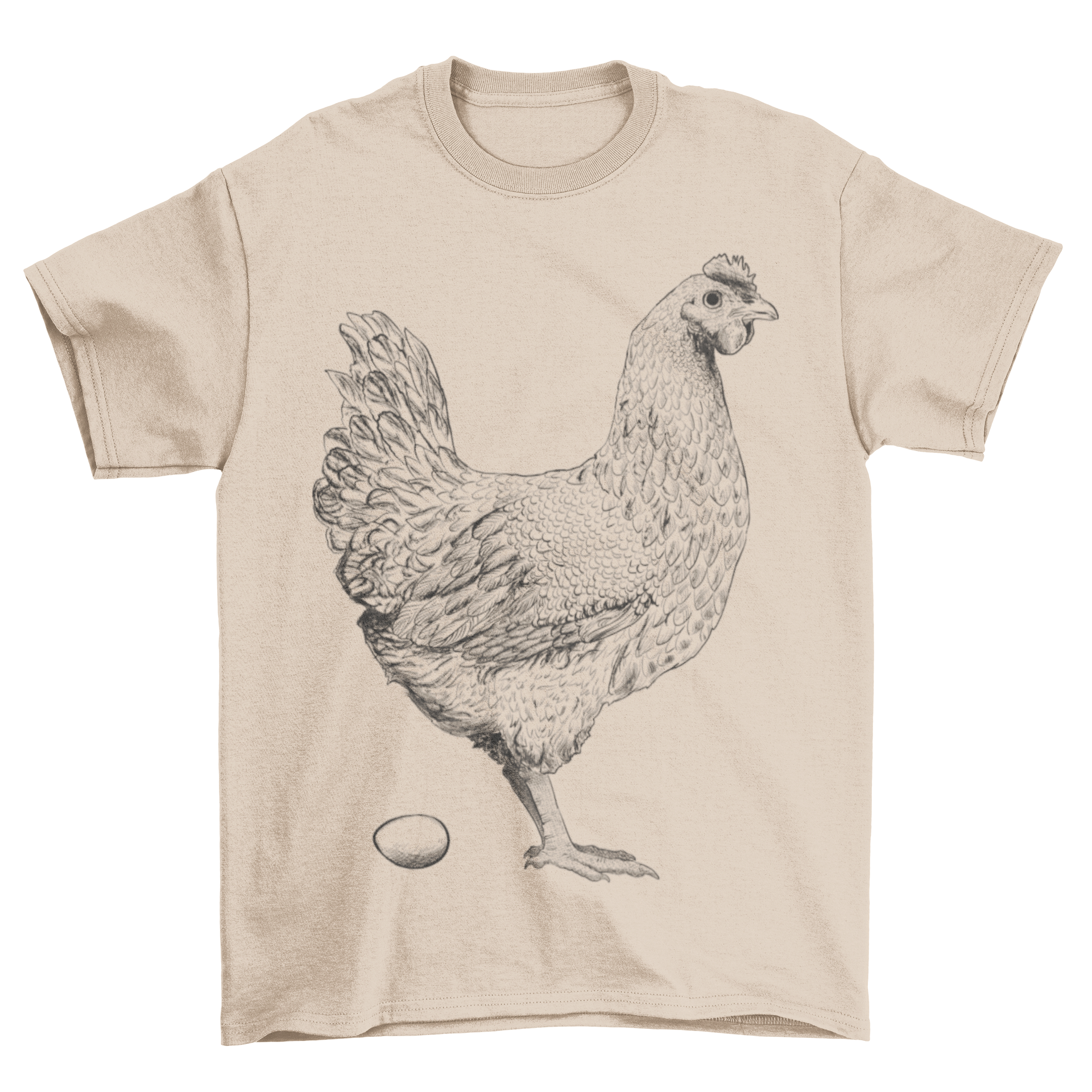 A stylish t-shirt featuring a hand-drawn chicken holding an egg, perfect for casual wear.