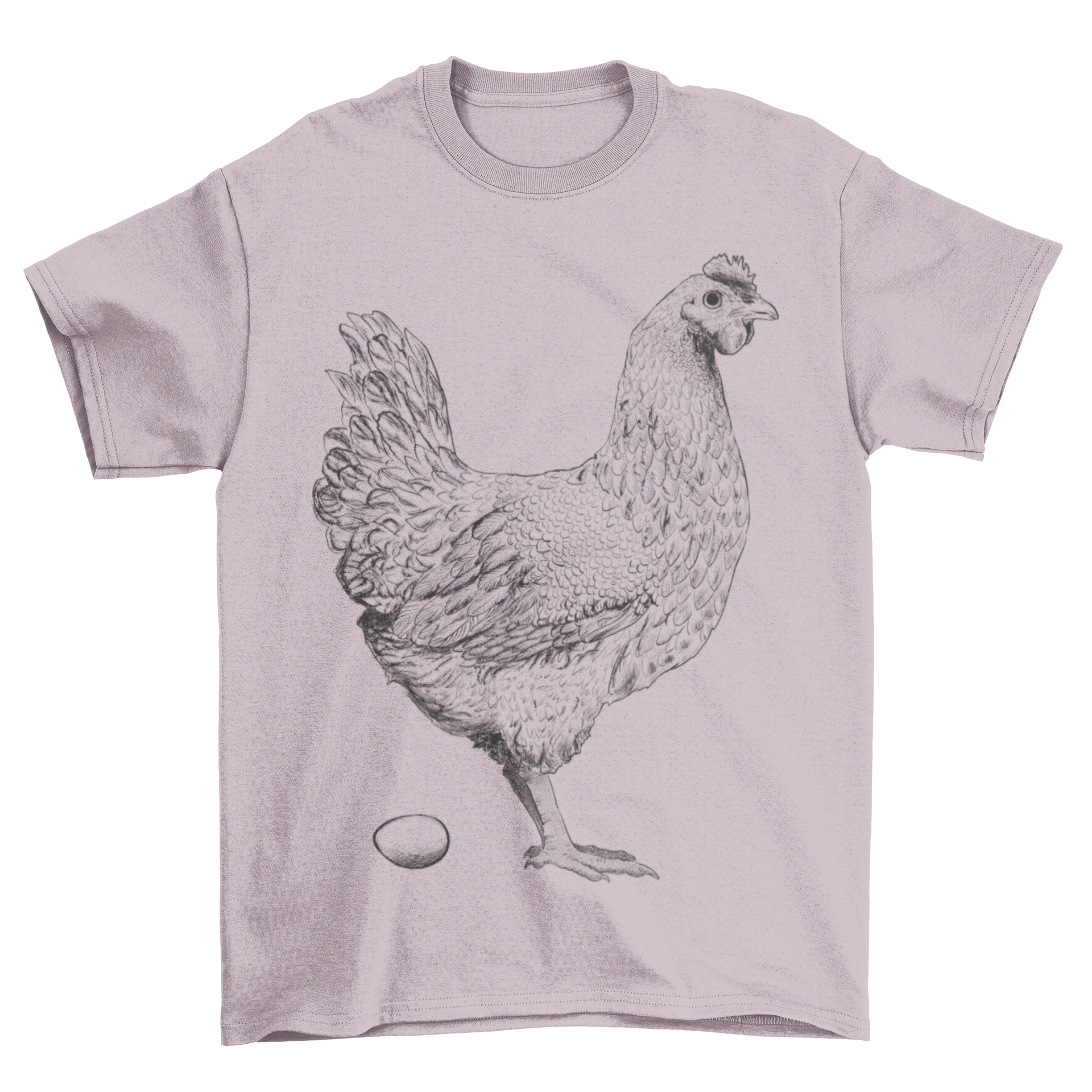 A stylish t-shirt featuring a hand-drawn chicken holding an egg, perfect for casual wear.