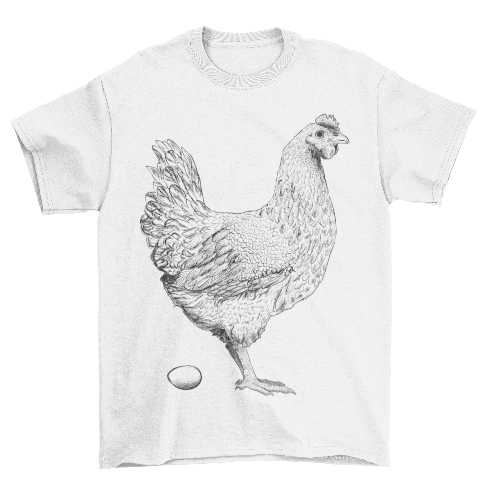 A stylish t-shirt featuring a hand-drawn chicken holding an egg, perfect for casual wear.