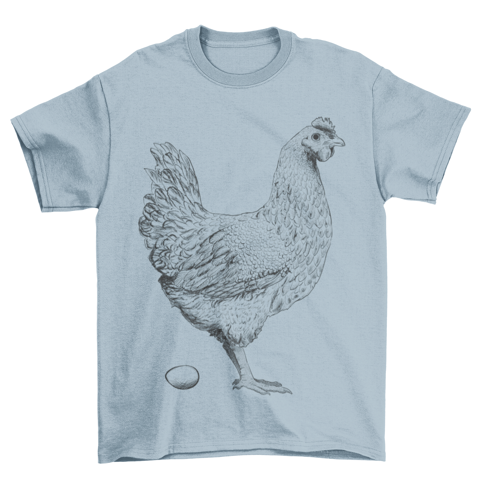 A stylish t-shirt featuring a hand-drawn chicken holding an egg, perfect for casual wear.