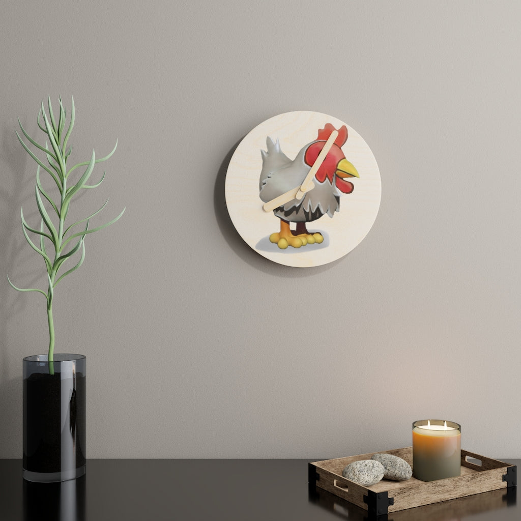 A charming Chicken Wooden Wall Clock made from sustainable birch plywood, featuring a whimsical chicken design.