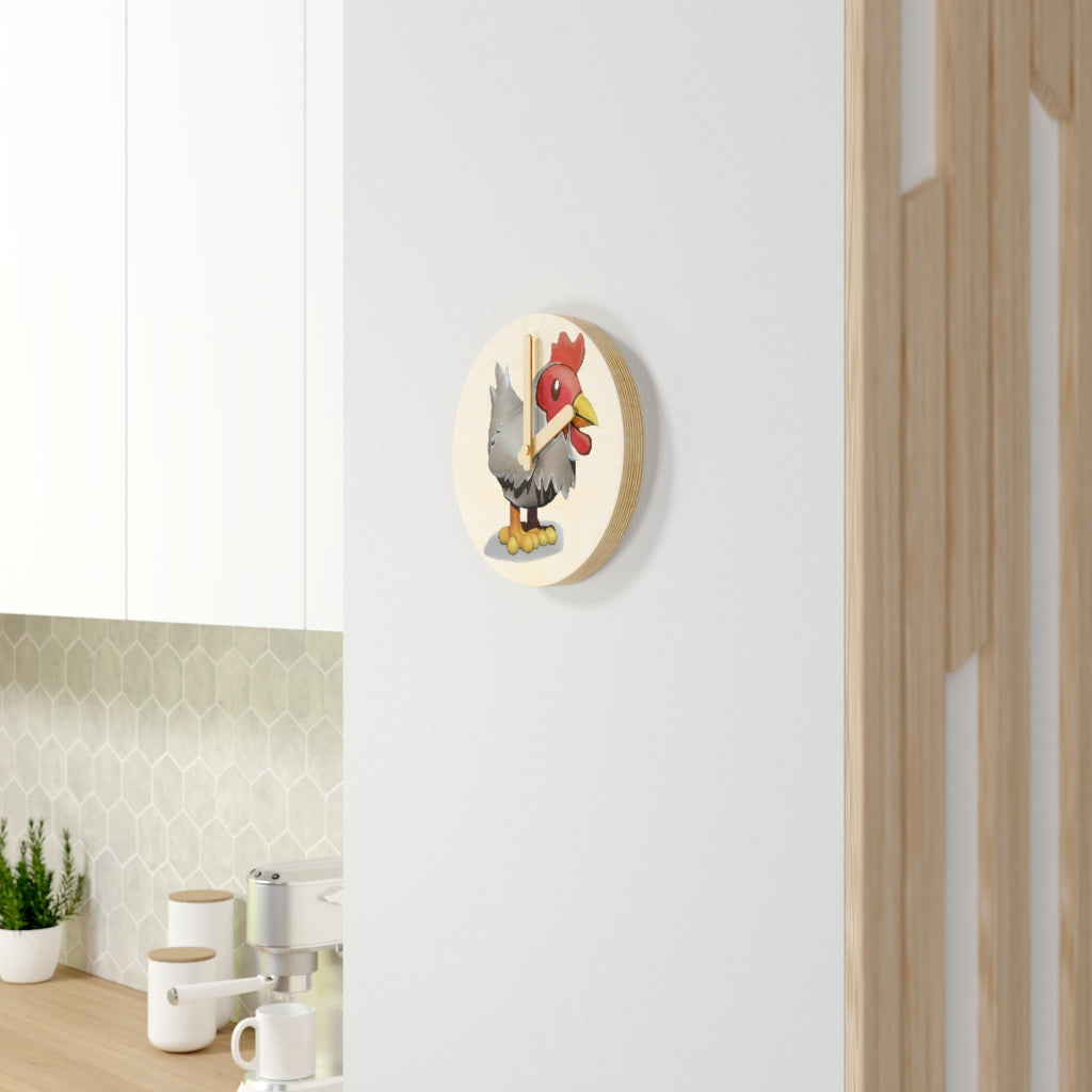 A charming Chicken Wooden Wall Clock made from sustainable birch plywood, featuring a whimsical chicken design.